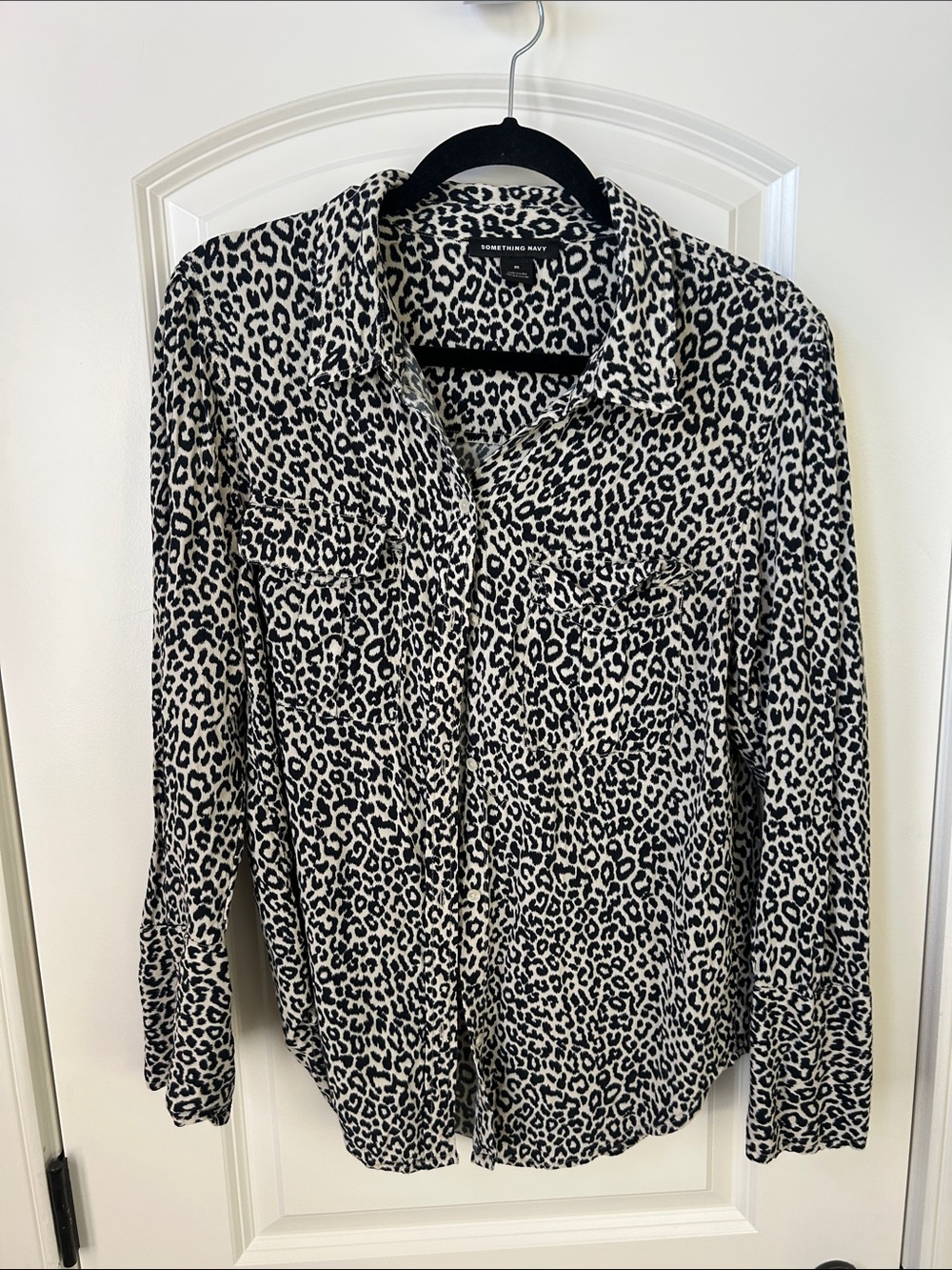 Something Navy Black and White Leopard Print Blouse